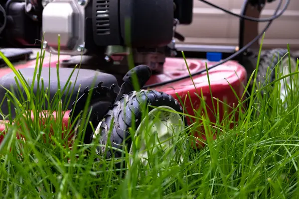 Lawnmower moving across a yard for landscaping improvement — Vision Realty